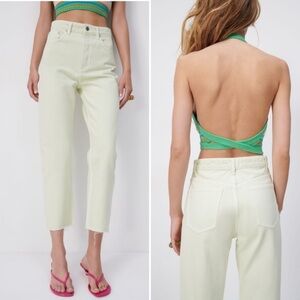 Zara high rise ankle jeans womens 2 light green button fly raw hem cotton denim